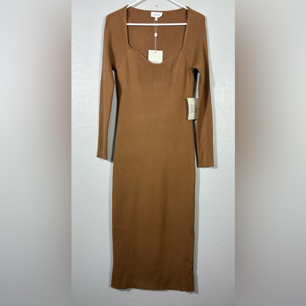 BOHME Ribbed Square Neckline Long Sleeve Coquette Full‎ Length Tan Dress XL NWT